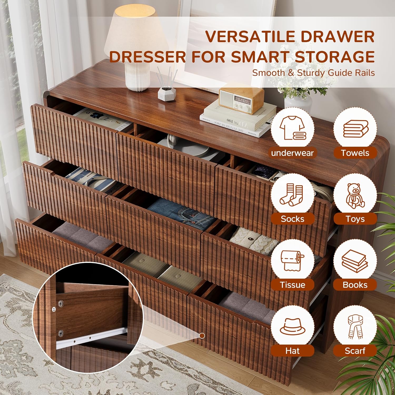 Fluted Dresser for Bedroom, 9 Drawer Dressers for Closet 55" Wide Large Wood Dresser Modern TV Stand, Wooden Clothes Storage Organizer Chest of Drawers for Living Room Hallway Entryway