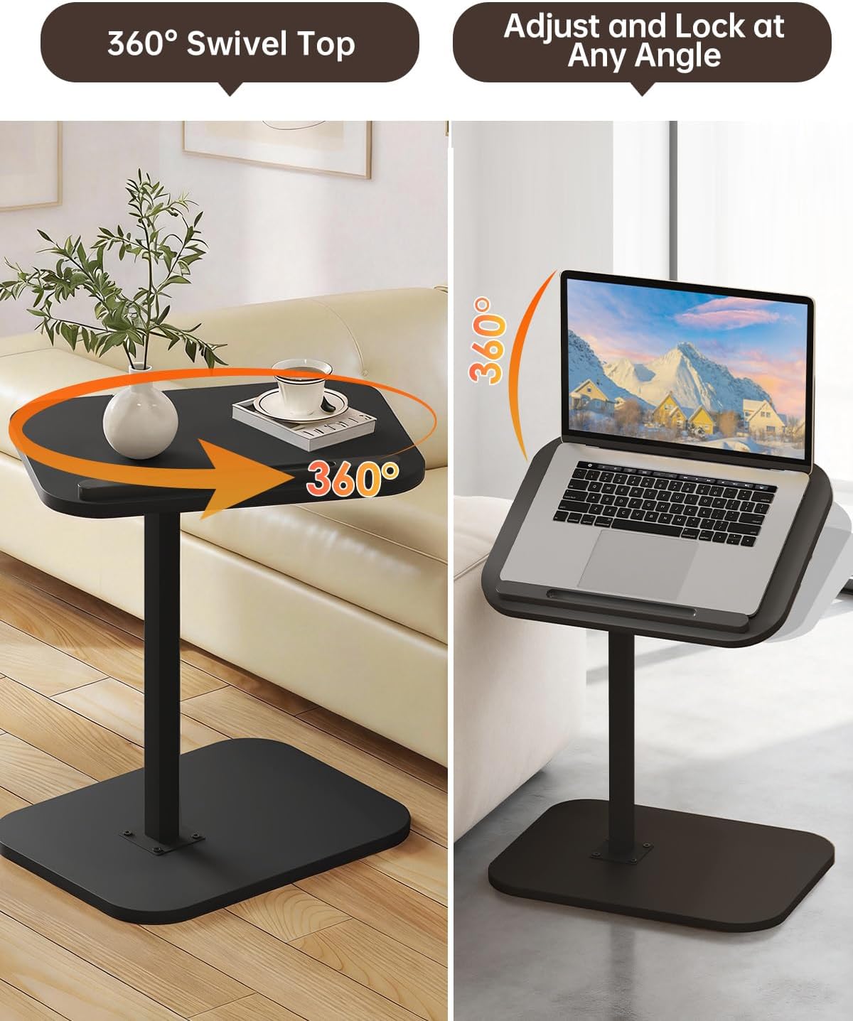 C Shaped End Table with Adjustable Height & 360° Swivel Top, Side Table & TV Tray Table for Living Room, Bedroom, Small Spaces, Black