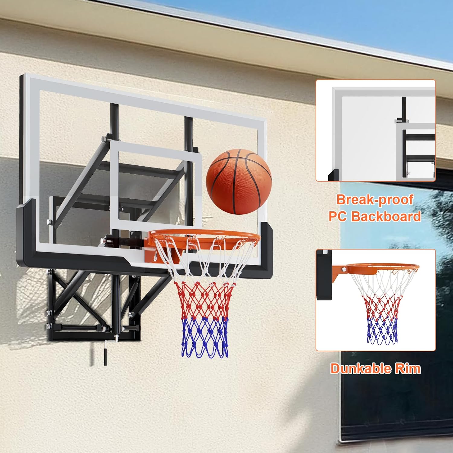 54 Inch Basketball Backboard, 8-20 FT Height Adjustable Outdoor Wall Mounted Basketball Hoop for Gyms Garages Schools