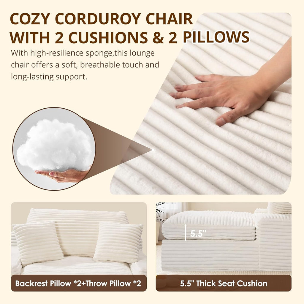 Oversized Chaise Lounge Chair, 57.5'' Deep Seat with 6'' Thick Cushion, Upholstered Sleeper Sofa with Pillows, Comfy Lounge Chair for Tall Adults, Living Room or Bedroom(White)