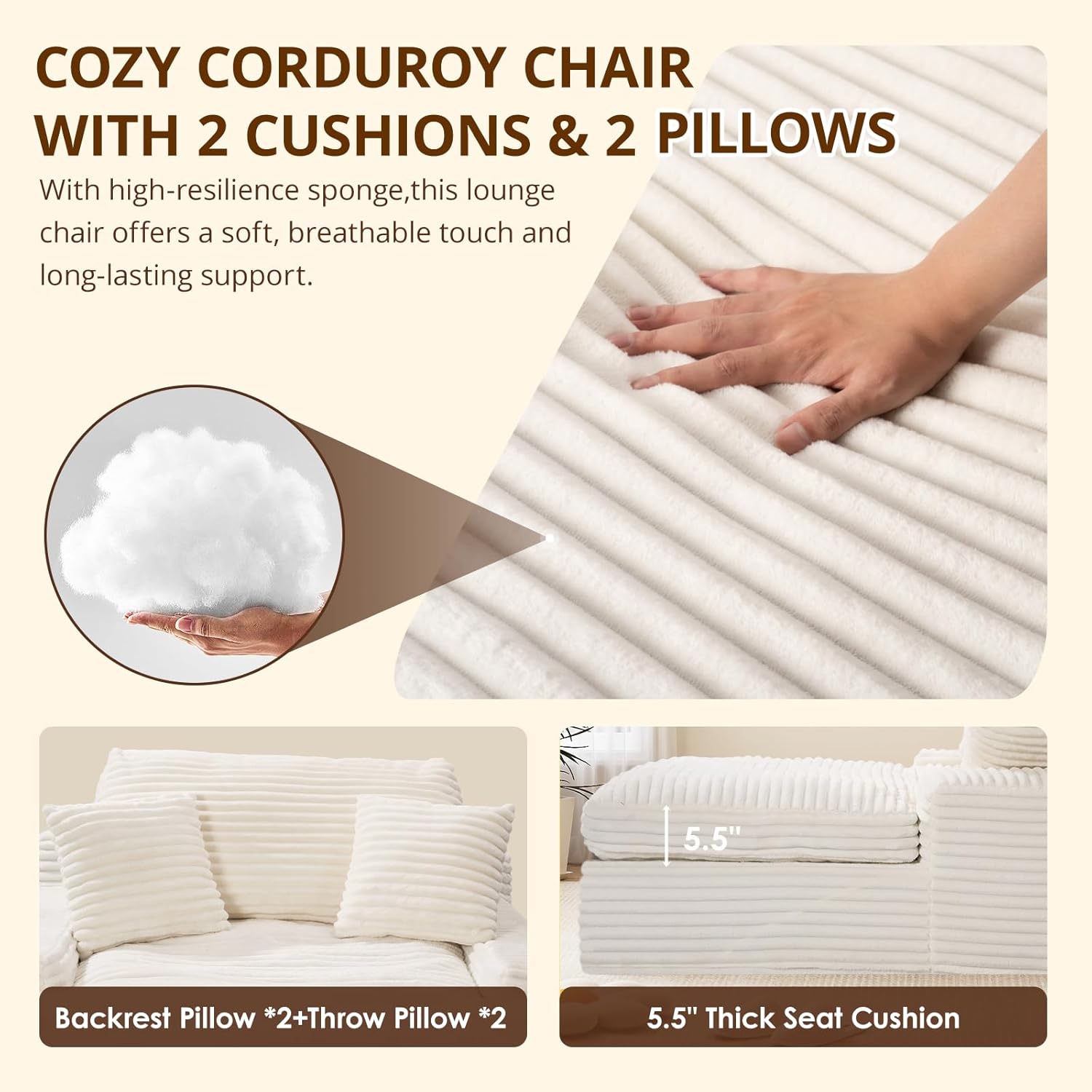 Oversized Chaise Lounge Chair, 57.5'' Deep Seat with 6'' Thick Cushion, Upholstered Sleeper Sofa with Pillows, Comfy Lounge Chair for Tall Adults, Living Room or Bedroom(White)