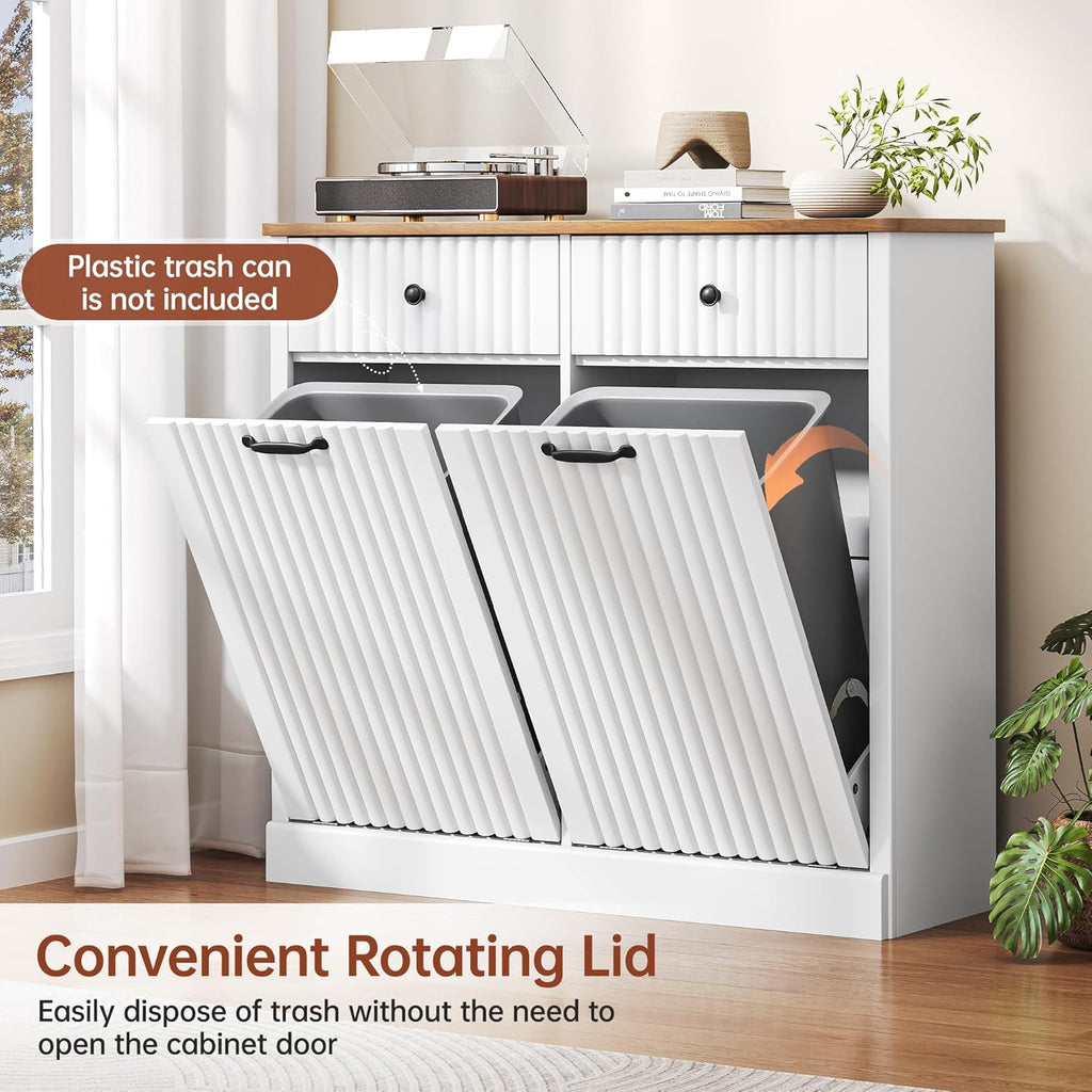 Double Tilt Out Trash Can Cabinet 20 Gallon Large Wooden, Free Standing Laundry Sorter with 2 Hideaway Drawer, 2 Doors Recycling Trash Can Storage for Kitchen (White, 20 Gallon)