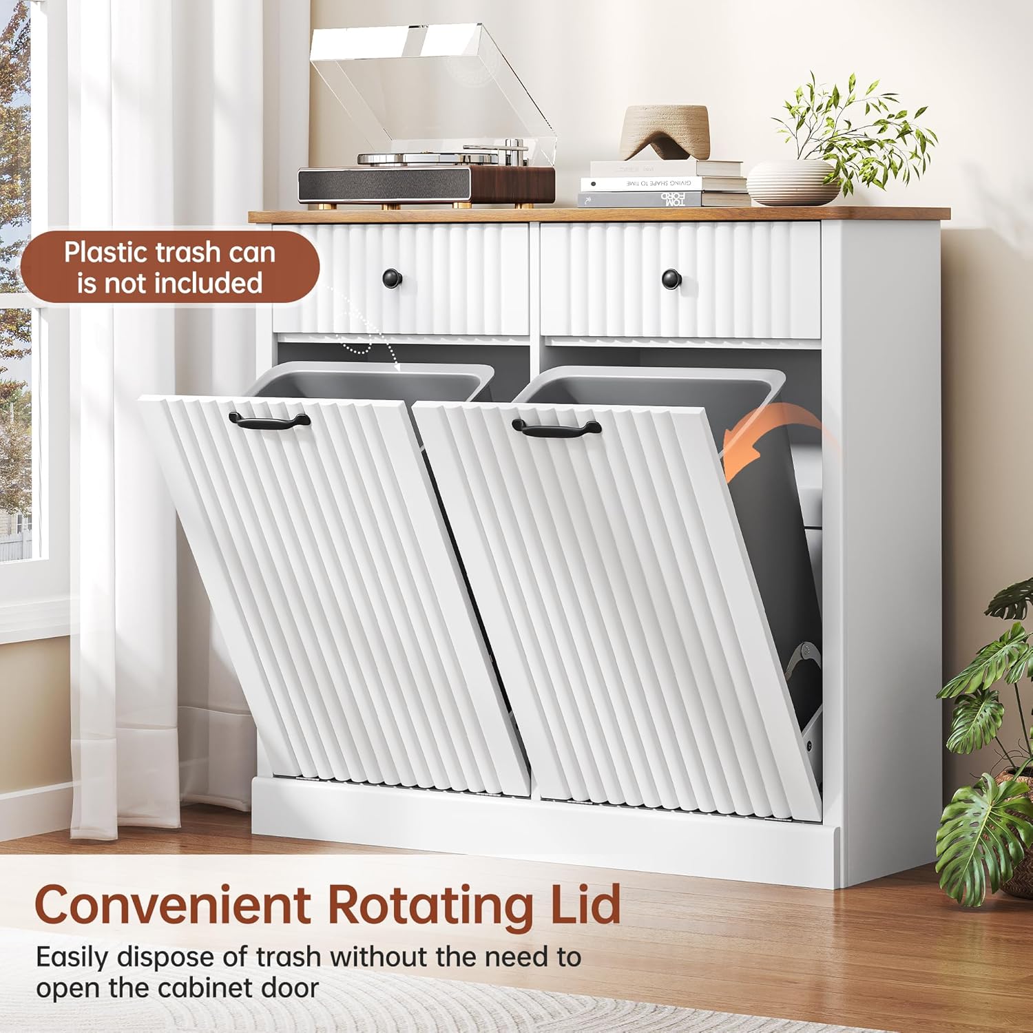 Double Tilt Out Trash Can Cabinet 20 Gallon Large Wooden, Free Standing Laundry Sorter with 2 Hideaway Drawer, 2 Doors Recycling Trash Can Storage for Kitchen (White, 20 Gallon)