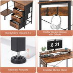 L Shaped Gaming Desk with 4 Drawers, 51" Reversible Computer Desk with Monitor Stand, Home Office Table with USB Port&LED Lights, L Shape Corner Desk with Open Shelves&Hooks, Rustic Brown