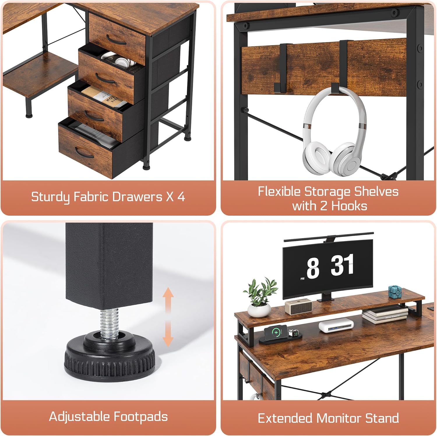 L Shaped Gaming Desk with 4 Drawers, 51" Reversible Computer Desk with Monitor Stand, Home Office Table with USB Port&LED Lights, L Shape Corner Desk with Open Shelves&Hooks, Rustic Brown