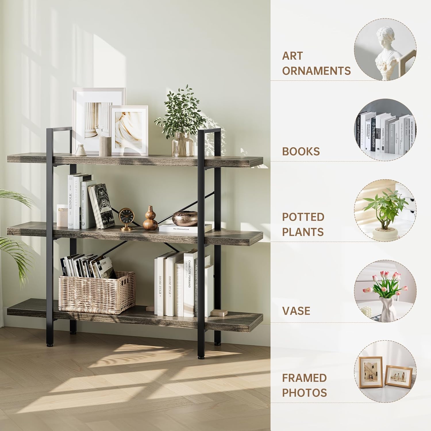 Heavy Duty 3-Tier Industrial Bookcase, 39" Wide Wood Bookshelf for Home Office, 120lbs Shelf Capacity, Rustic Shelving Display with Reinforced Horizontal Shelf for Living Room Bedroom, Grey