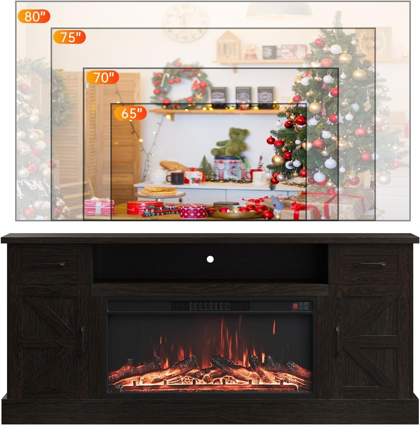 70 inch Fireplace TV Stand for Living Room, Electric Fireplace TV Stand with 12 Colors of 3D Flame & Heating, Entertainment Center with Storage Cabinet (Brown, Farmhouse)