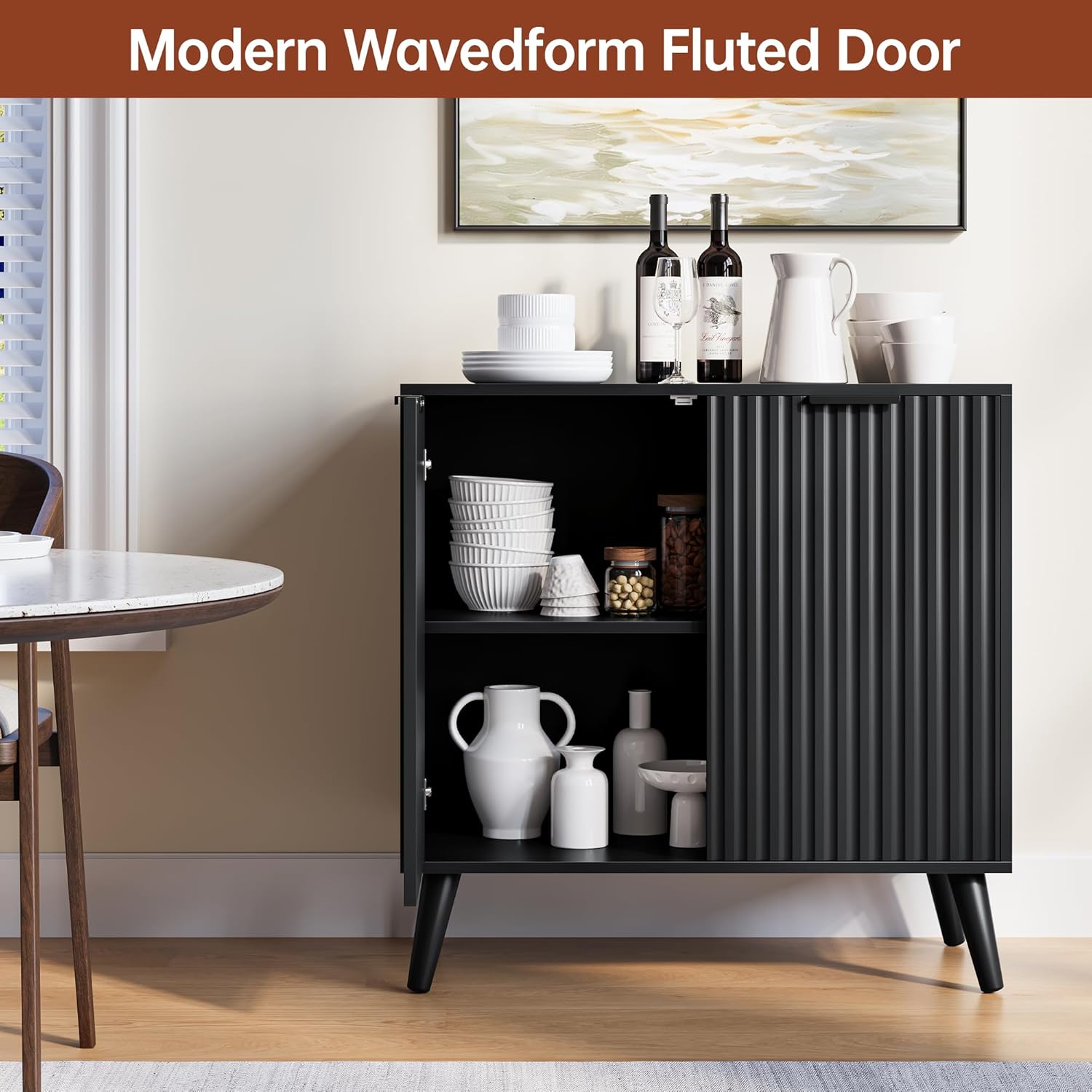 Fluted Sideboard Buffet Cabinet with Storage, Modern Sideboard Cabinet for Dining Room, Accent Credenza with Adjustable Shelves 2 Doors Storage Cabinets for Living Room|Kitchen, Black