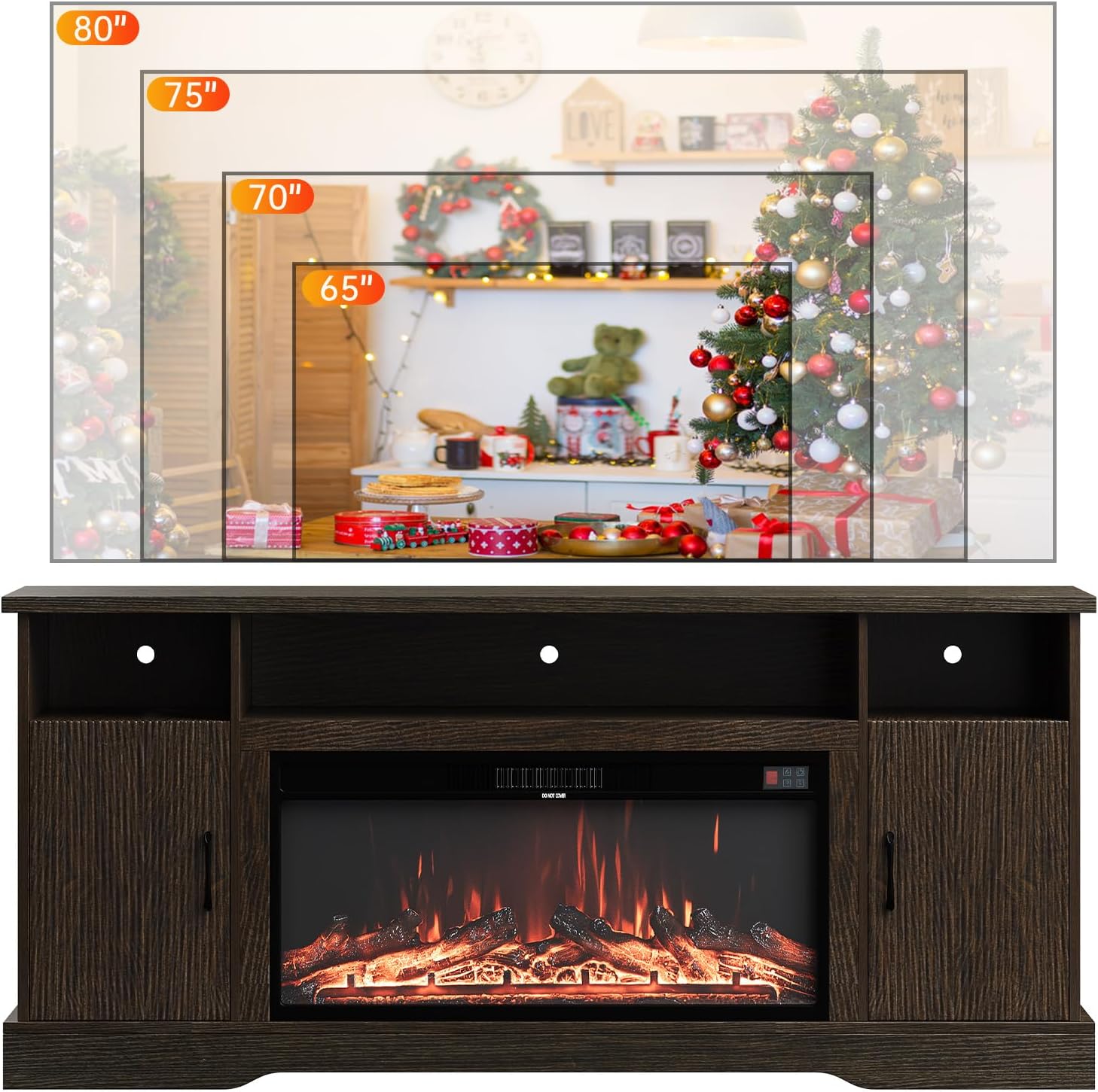 70 inch Fireplace TV Stand for Living Room, Electric Fireplace TV Stand with 12 Colors of 3D Flame & Heating, Entertainment Center with Storage Cabinet (Brown, Wavecrest)