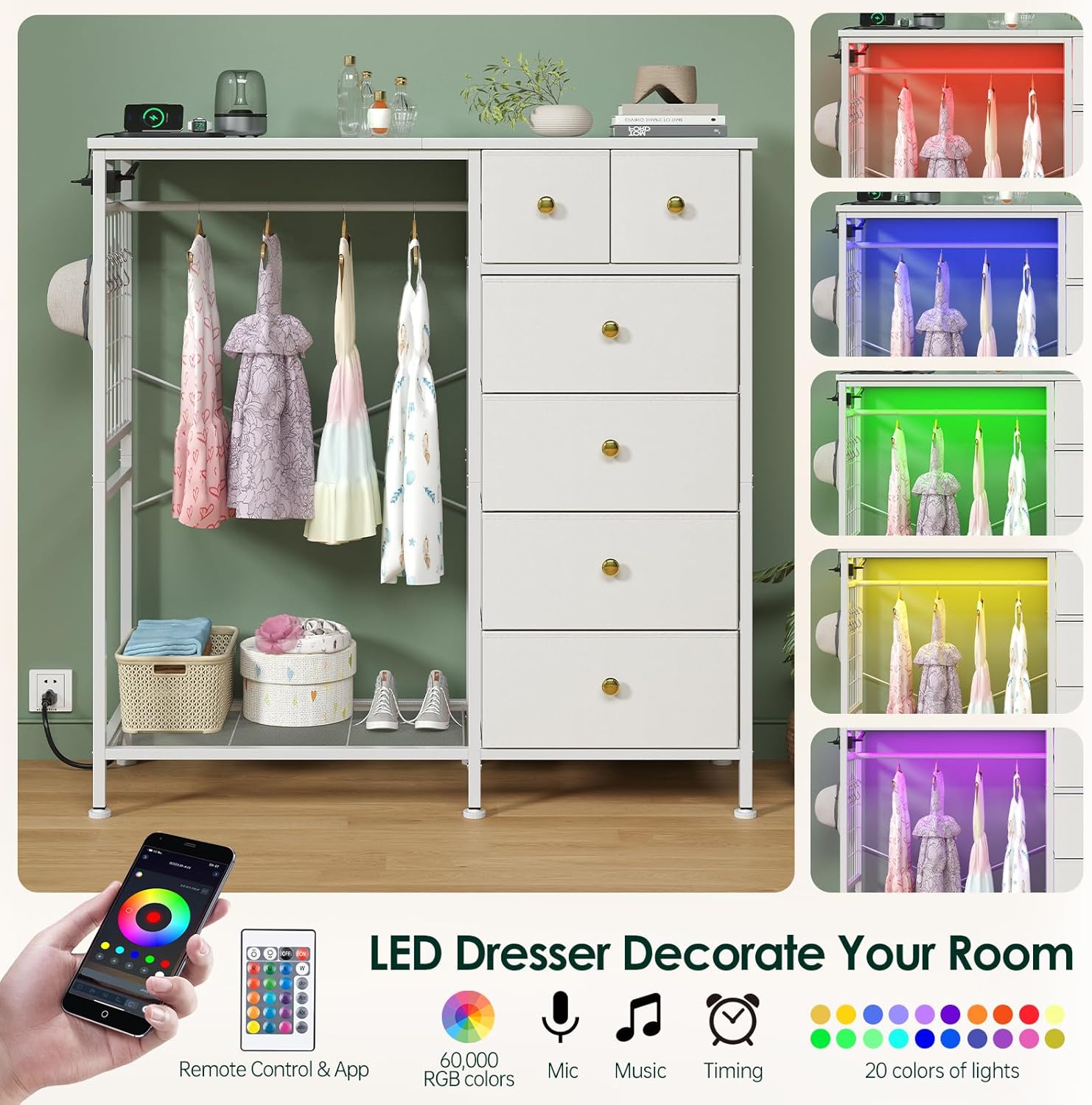 47.2" White Dresser with Hanging Rack, 2 in 1 Bedroom 6 Drawers Dresser with LED Lights & Charging Station, Wooden Dressers with Fabric Drawers and Clothing Rack for Girls, Kids