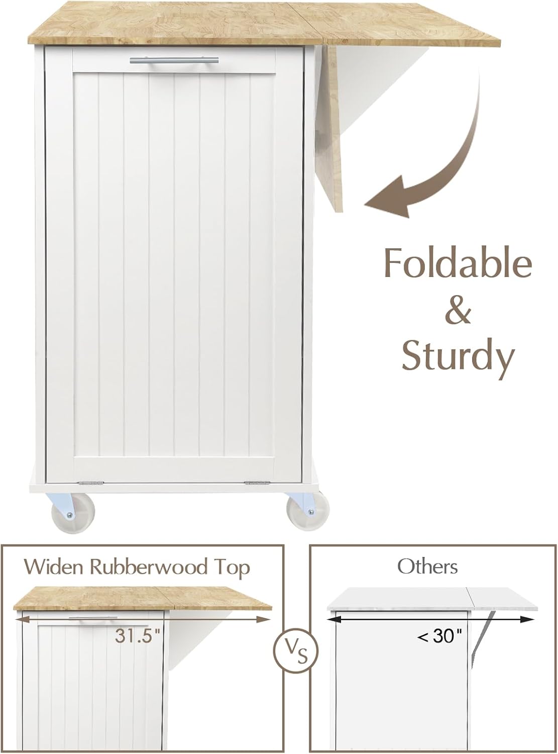 Kitchen Island with Storage, 31.5" D Rolling Kitchen Island Cart on Wheels with Widen Drop Leaf Rubberwood Top, Large Mobile Kitchen Islands with Trash Can Storage and Towel Bar, White