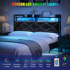 Headboard Queen Size with 2-Tier Open Storage and LED Light, Upholstered Headboard with Charging Station, Height Adjustable Sturdy Queen Bed Head Only for Dorm Bedroom, Easy Assembly, Black