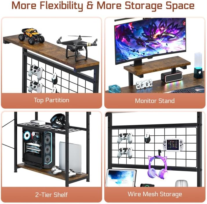 L Shaped Gaming Desk, Reversible Computer Desk with 4-Tier Shelves, Corner Desk with Pegboard, Home Office Desk with LED Lights & Power Outlets Gaming Desk with Storage, Rustic Brown