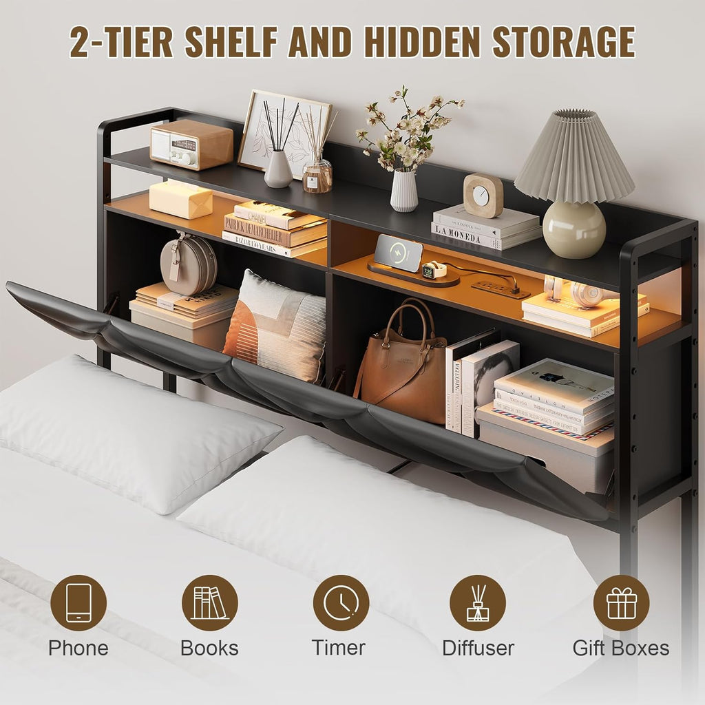 Headboard Queen Size with 2-Tier Open Space and Pull-Out Hidden Storage, Upholstered Headboard with Charging Station, Height Adjustable Sturdy Queen Bed Head Only, Easy Assembly, Black