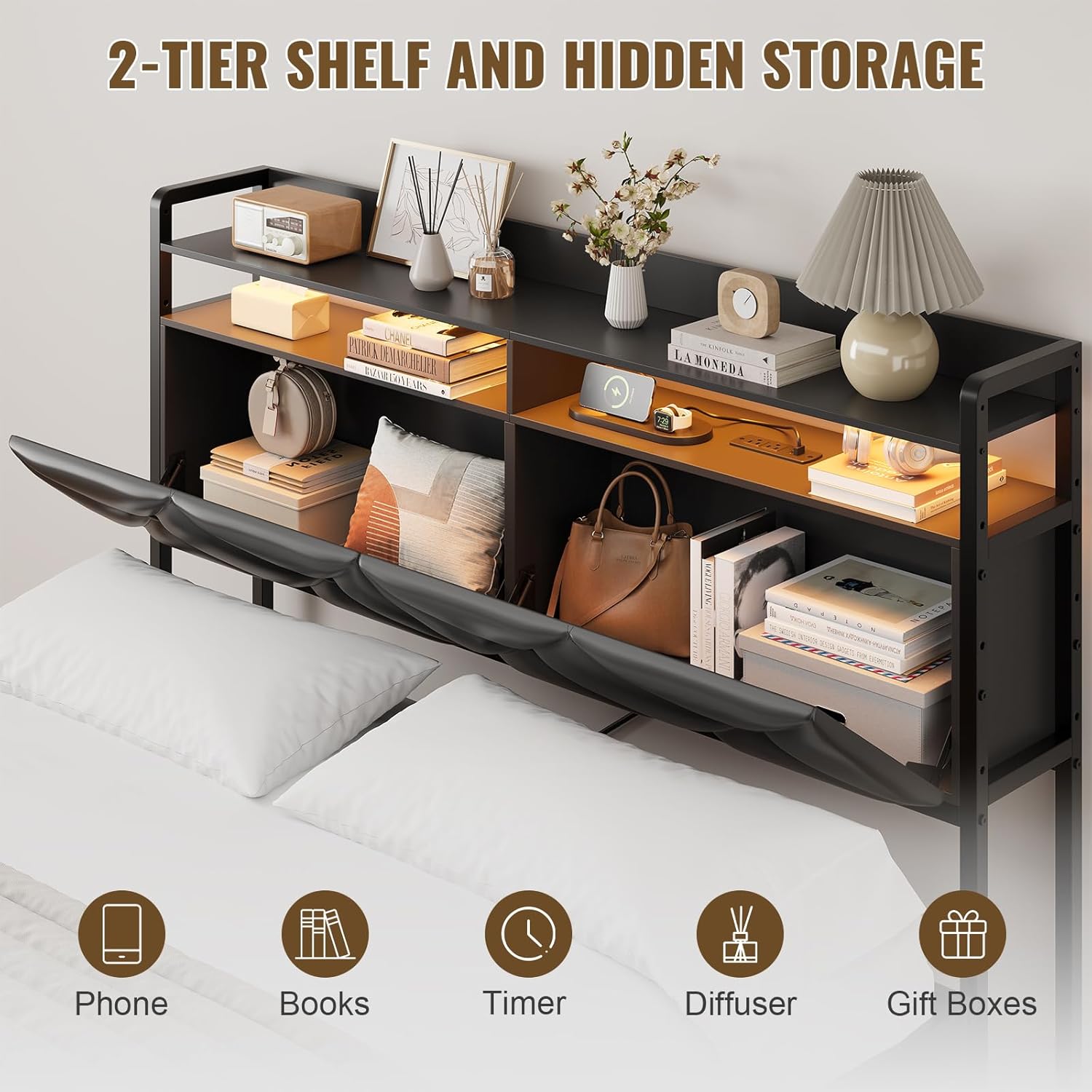 Headboard Queen Size with 2-Tier Open Space and Pull-Out Hidden Storage, Upholstered Headboard with Charging Station, Height Adjustable Sturdy Queen Bed Head Only, Easy Assembly, Black