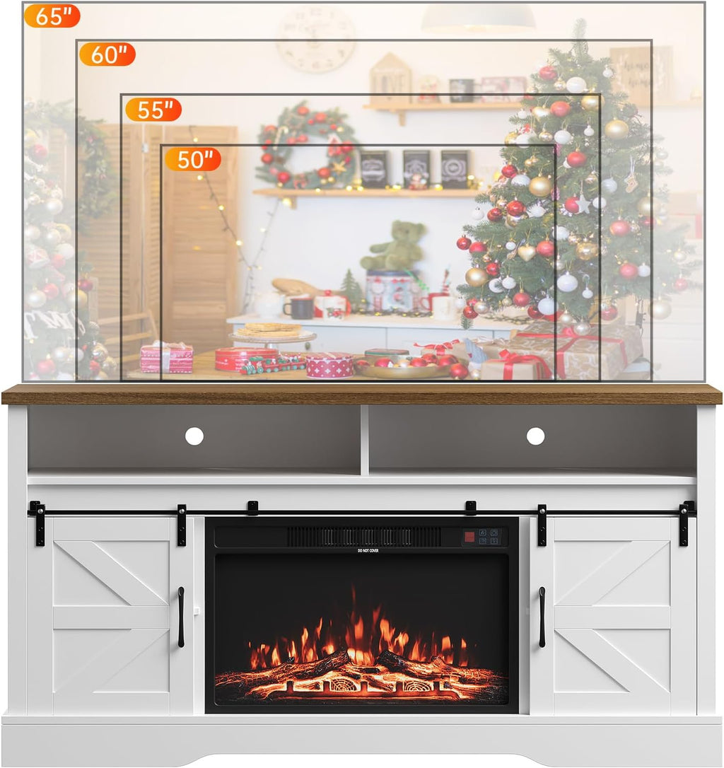 70 inch Fireplace TV Stand for Living Room, Electric Fireplace TV Stand with 12 Colors of 3D Flame & Heating, Entertainment Center with Storage Cabinet (White, Rustic Sliding)