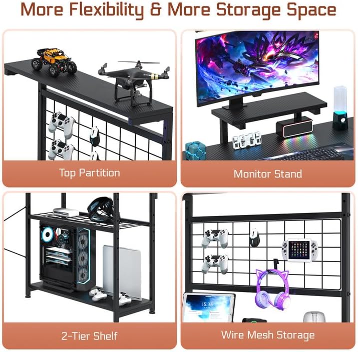 L Shaped Gaming Desk, Reversible Computer Desk with 4-Tier Shelves, Corner Desk with Pegboard, Home Office Desk with LED Lights & Power Outlets Gaming Desk with Storage, Carbon Fiber Black