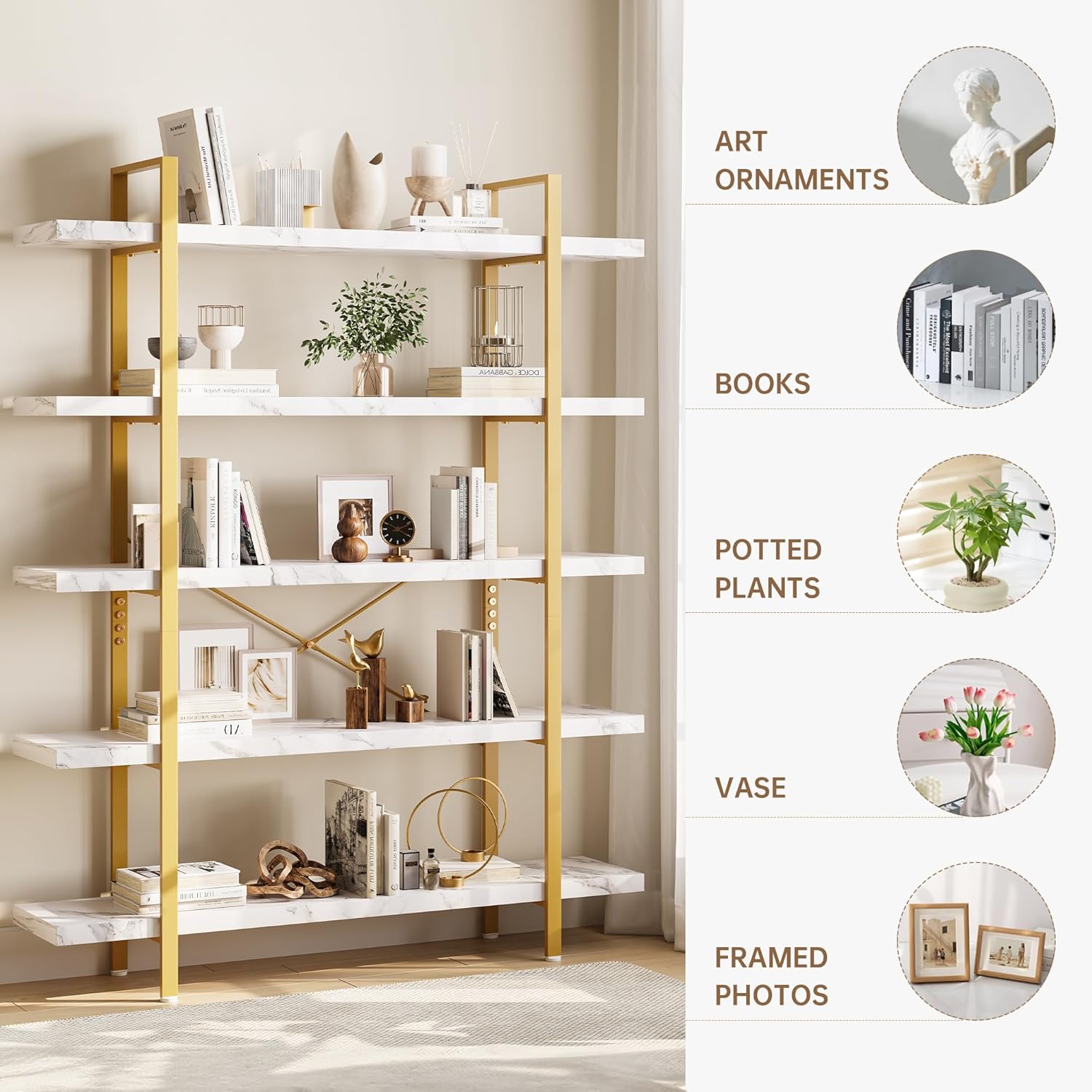 Heavy Duty 5-Tier Industrial Bookcase, 47" Wide Wood Bookshelf for Home Office, 120lbs Shelf Capacity, Shelving Display with Reinforced Horizontal Shelf for Living Room Bedroom,White