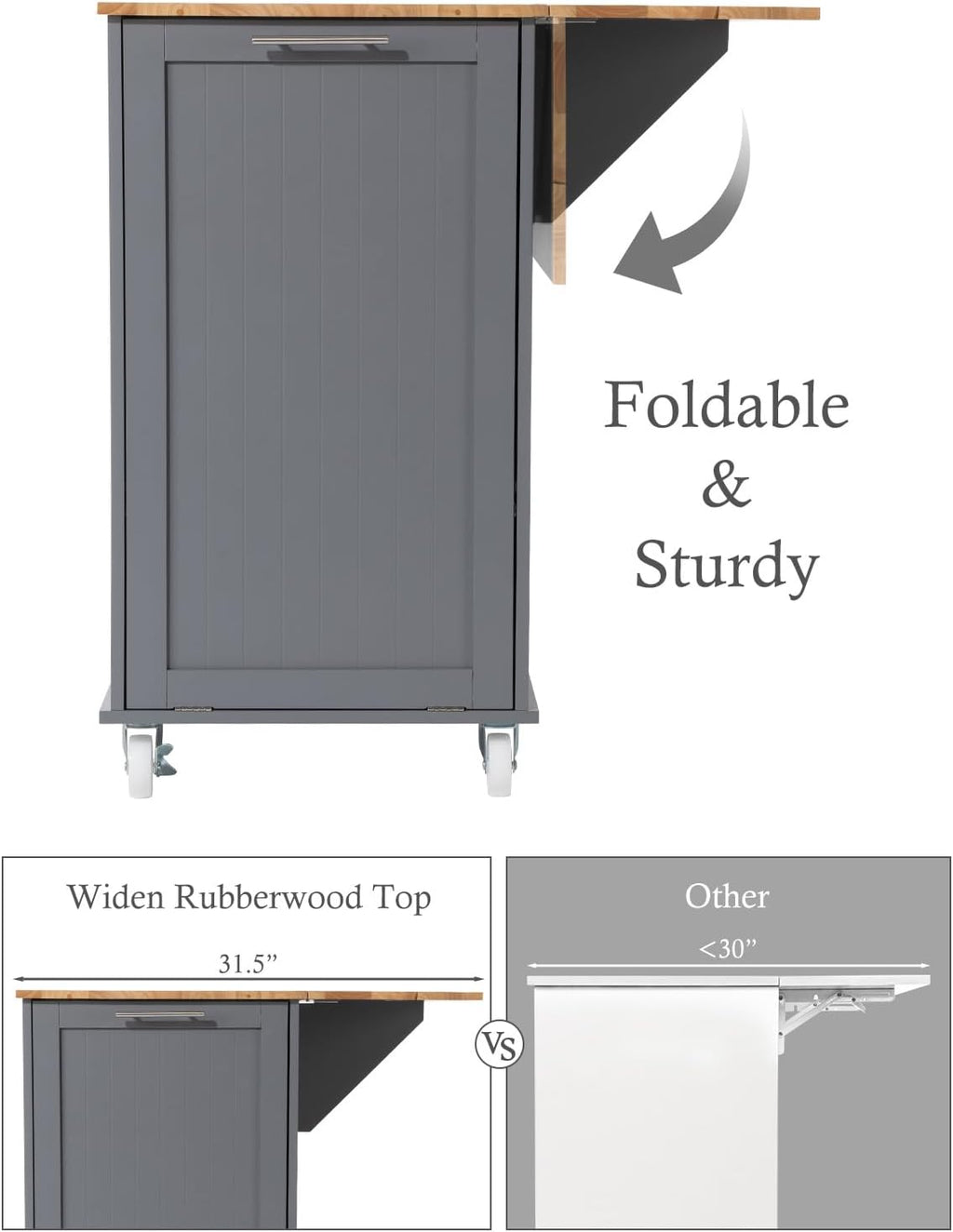 Kitchen Island with Storage, 31.5" D Rolling Kitchen Cart on Wheels with Widen Drop Leaf Rubberwood Top, Large Mobile Kitchen Island with Trash Can Storage and Towel Bar, Grey