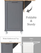 Kitchen Island with Storage, 31.5" D Rolling Kitchen Cart on Wheels with Widen Drop Leaf Rubberwood Top, Large Mobile Kitchen Island with Trash Can Storage and Towel Bar, Grey