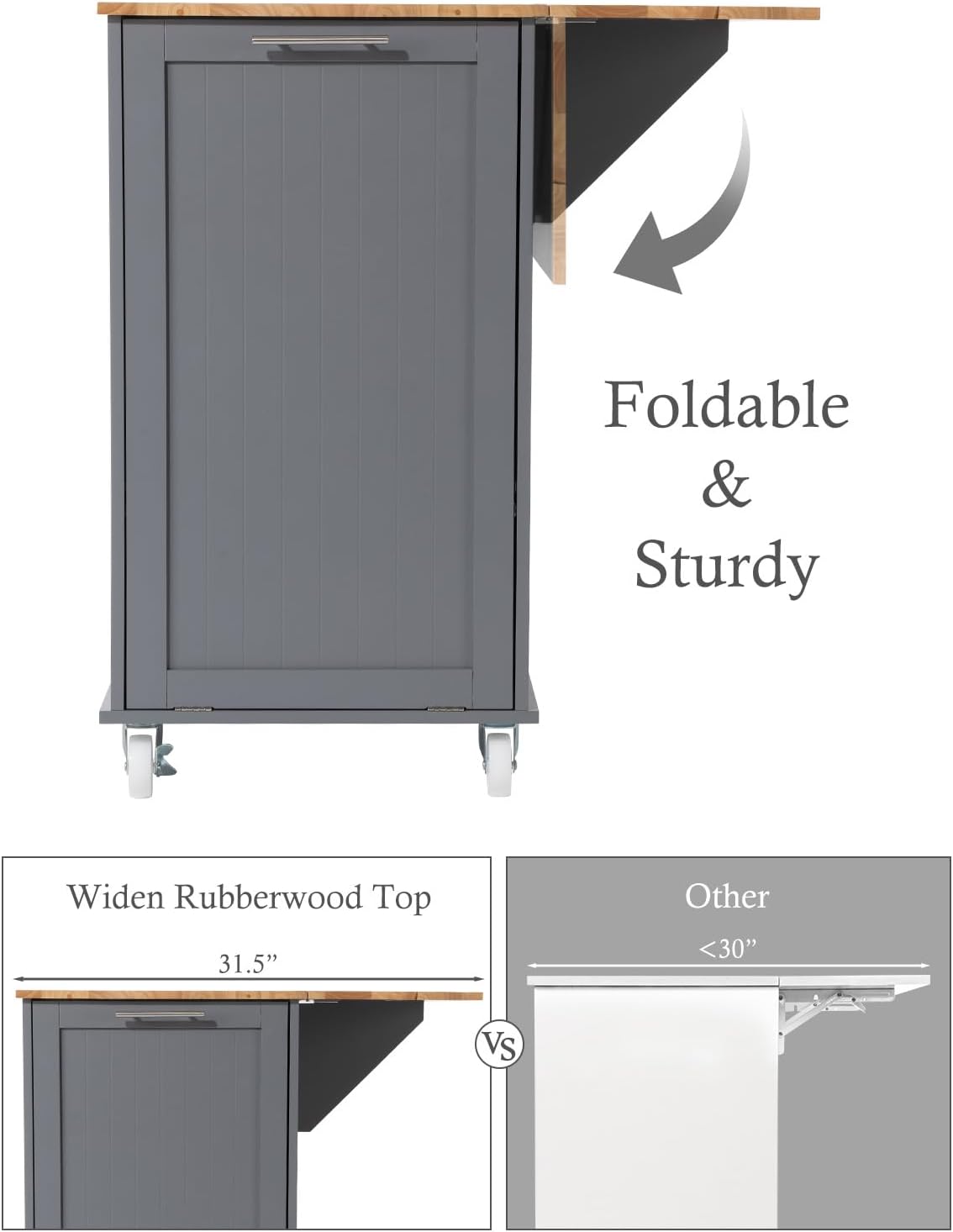 Kitchen Island with Storage, 31.5" D Rolling Kitchen Cart on Wheels with Widen Drop Leaf Rubberwood Top, Large Mobile Kitchen Island with Trash Can Storage and Towel Bar, Grey
