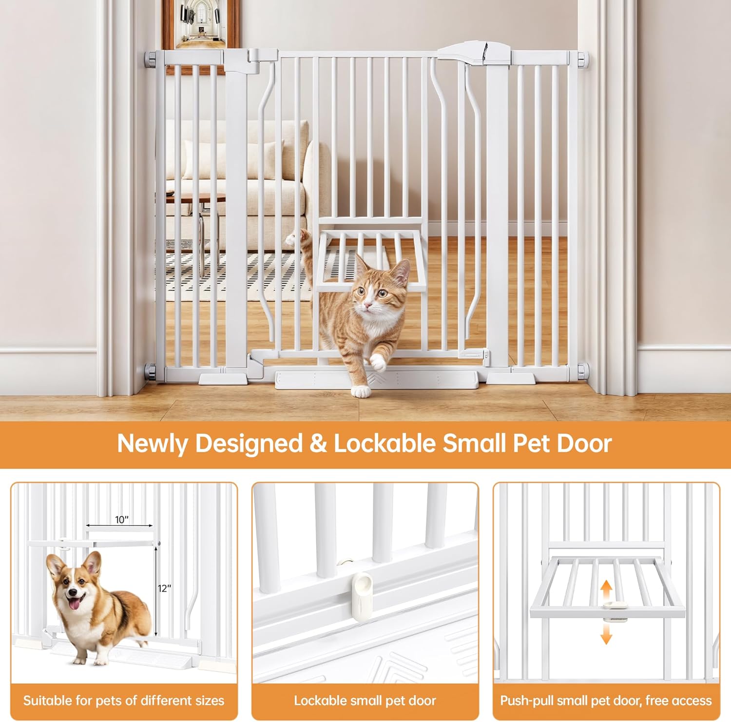 Pet Gate With Cat Door, 29.5-43'' Extra Wide Auto Close Dog Gate Indoor, 1.37'' Narrower Bar Spacing, No Drilling Pressure Mounted Easy Walk Thru for Doorway and Stairs
