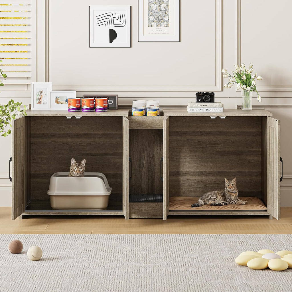 Litter Box Enclosure for 2 Cats, Hidden Litter Box Furniture with Double Rooms, Cat Bed, PVC Pad and Scratch Pad, Grey