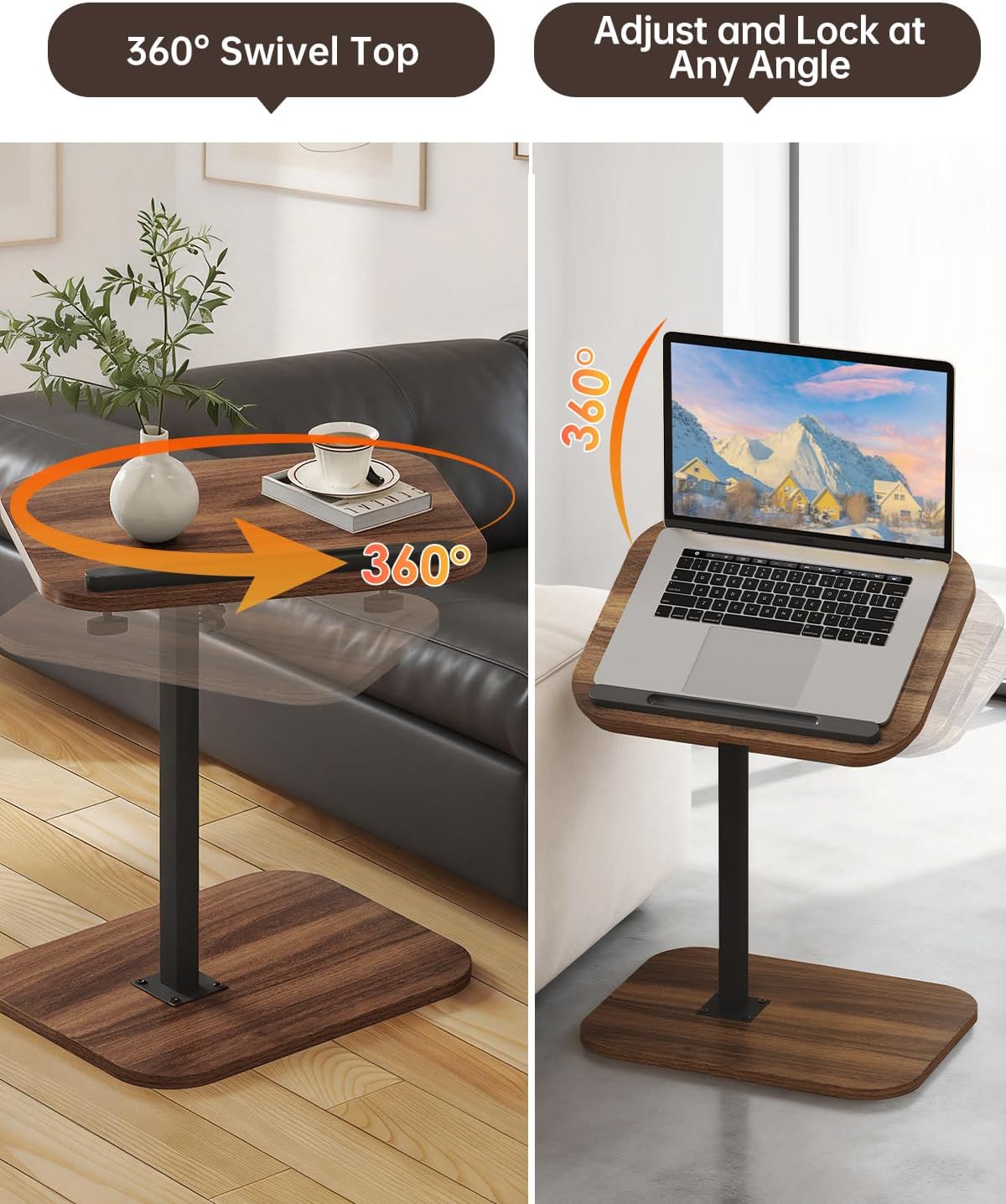 C Shaped End Table with Adjustable Height & 360° Swivel Top, Side Table & TV Tray Table for Living Room, Bedroom, Small Spaces, Walnut