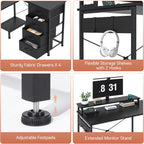 L Shaped Gaming Desk with 4 Drawers, 51" Reversible Computer Desk with Monitor Stand, Home Office Table with USB Port&LED Lights, L Shape Corner Office Desk with Open Shelves&Hooks, Black