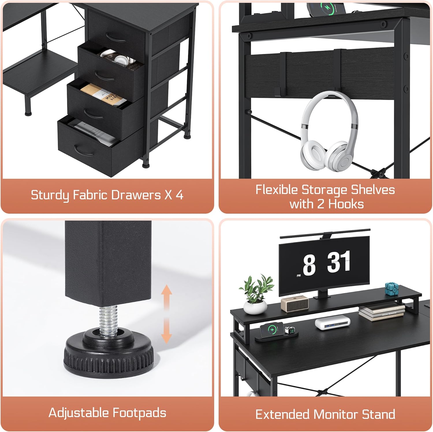L Shaped Gaming Desk with 4 Drawers, 51" Reversible Computer Desk with Monitor Stand, Home Office Table with USB Port&LED Lights, L Shape Corner Office Desk with Open Shelves&Hooks, Black