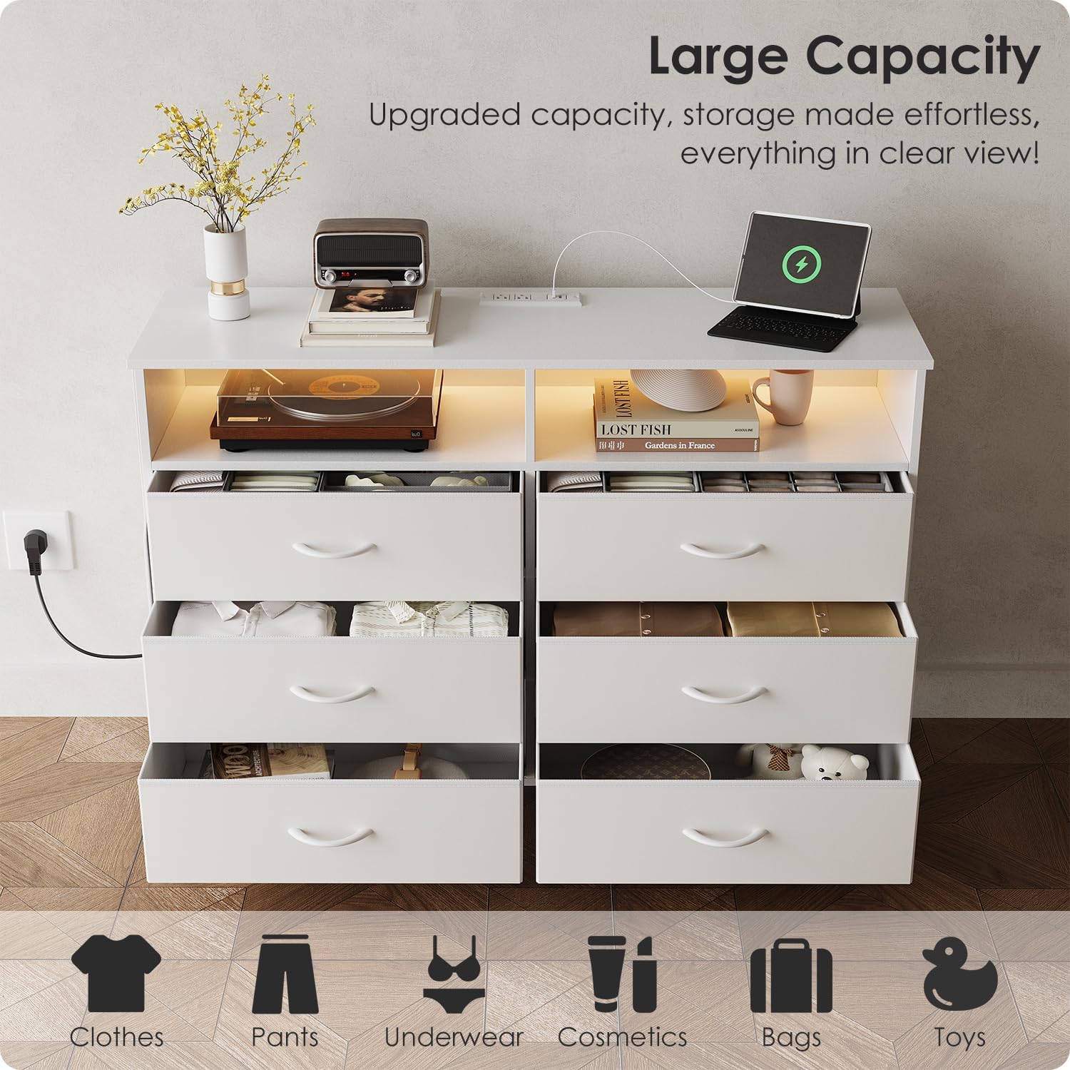 6 Drawer Dresser for Bedroom with LED Lights and Charging Station, Modern Wood Dressers with Extra Side Bag, Double Wide Drawer Cabinet TV Stand for up to 60" TV for Living Room (White)