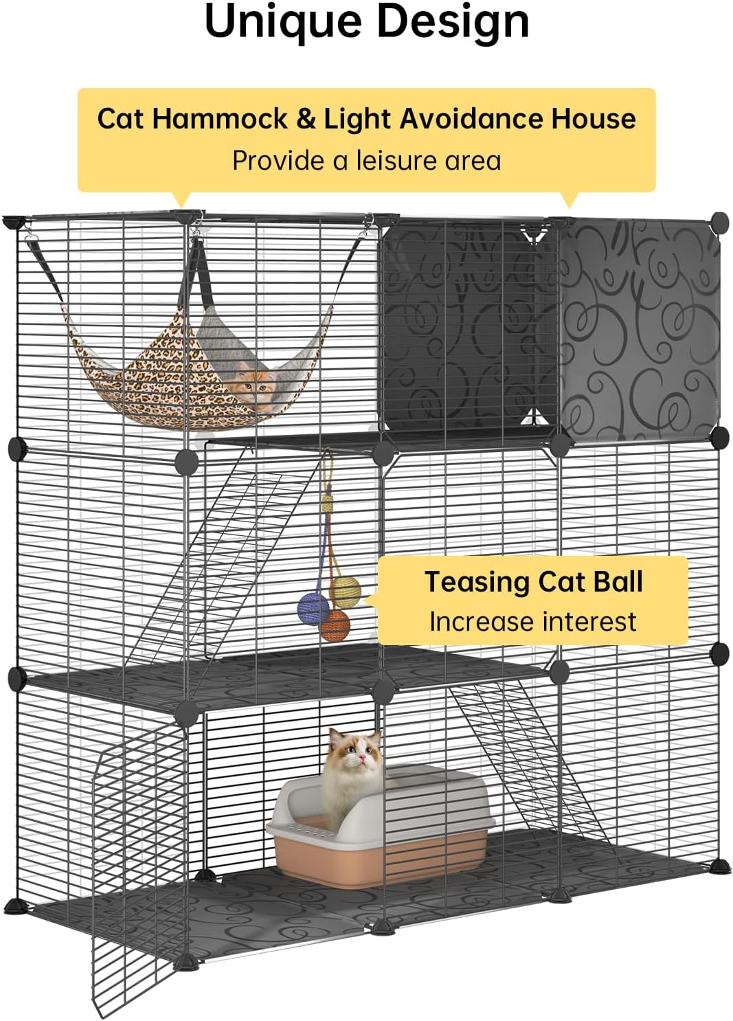 Cat Cages Indoor, 3 Tier Cat Enclosure, Cat Cage with Toy Ball and Cat Hammock for 2-3 Cats