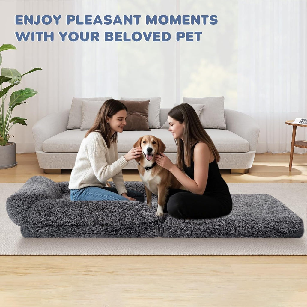 79" Foldable Human Dog Bed for Adults, Fluffy Faux Fur with Blanket, Orthopedic Washable Dog Bed with Memory Foam and Water Repellent Liner Extra Large Thick for Pet (Grey)
