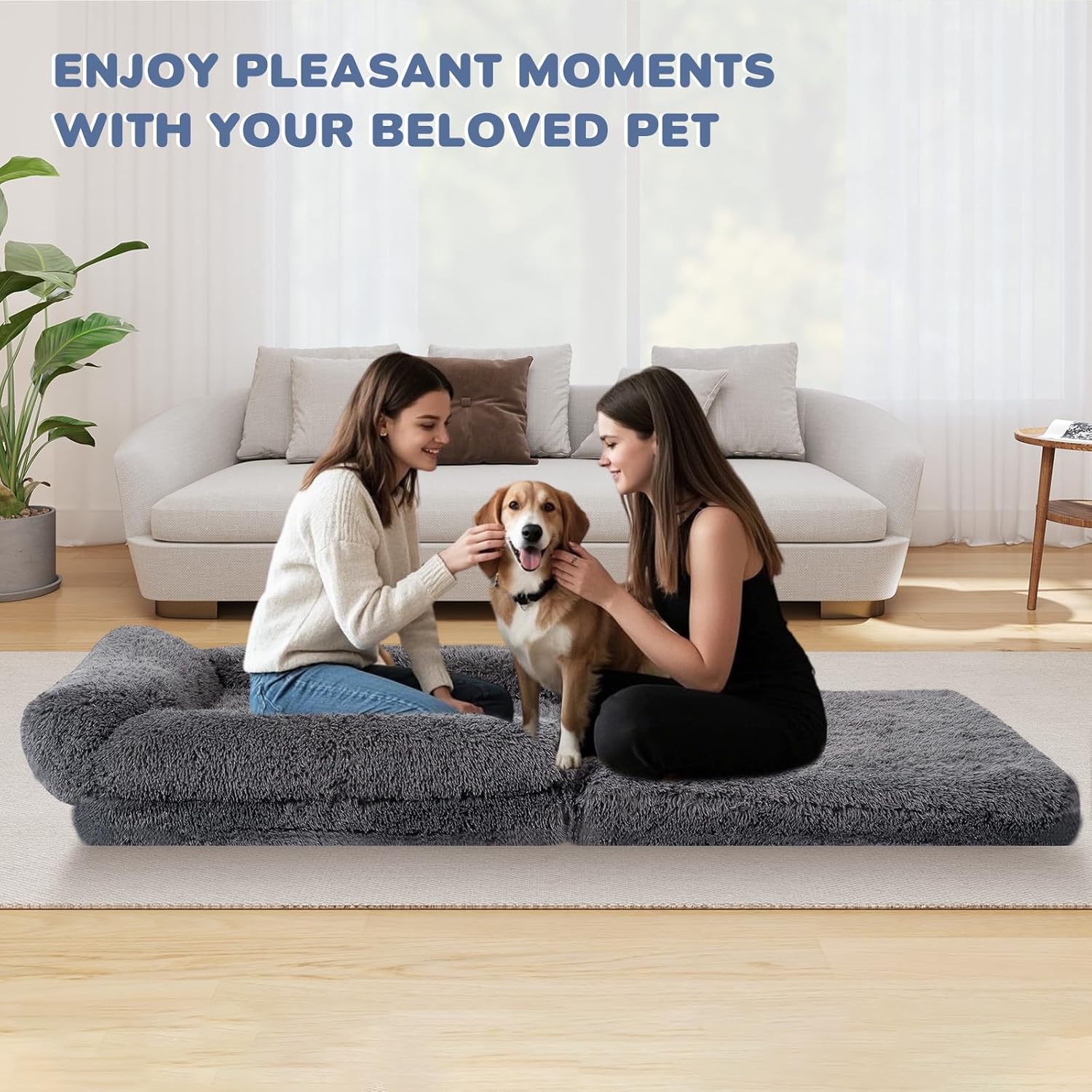 79" Foldable Human Dog Bed for Adults, Fluffy Faux Fur with Blanket, Orthopedic Washable Dog Bed with Memory Foam and Water Repellent Liner Extra Large Thick for Pet (Grey)