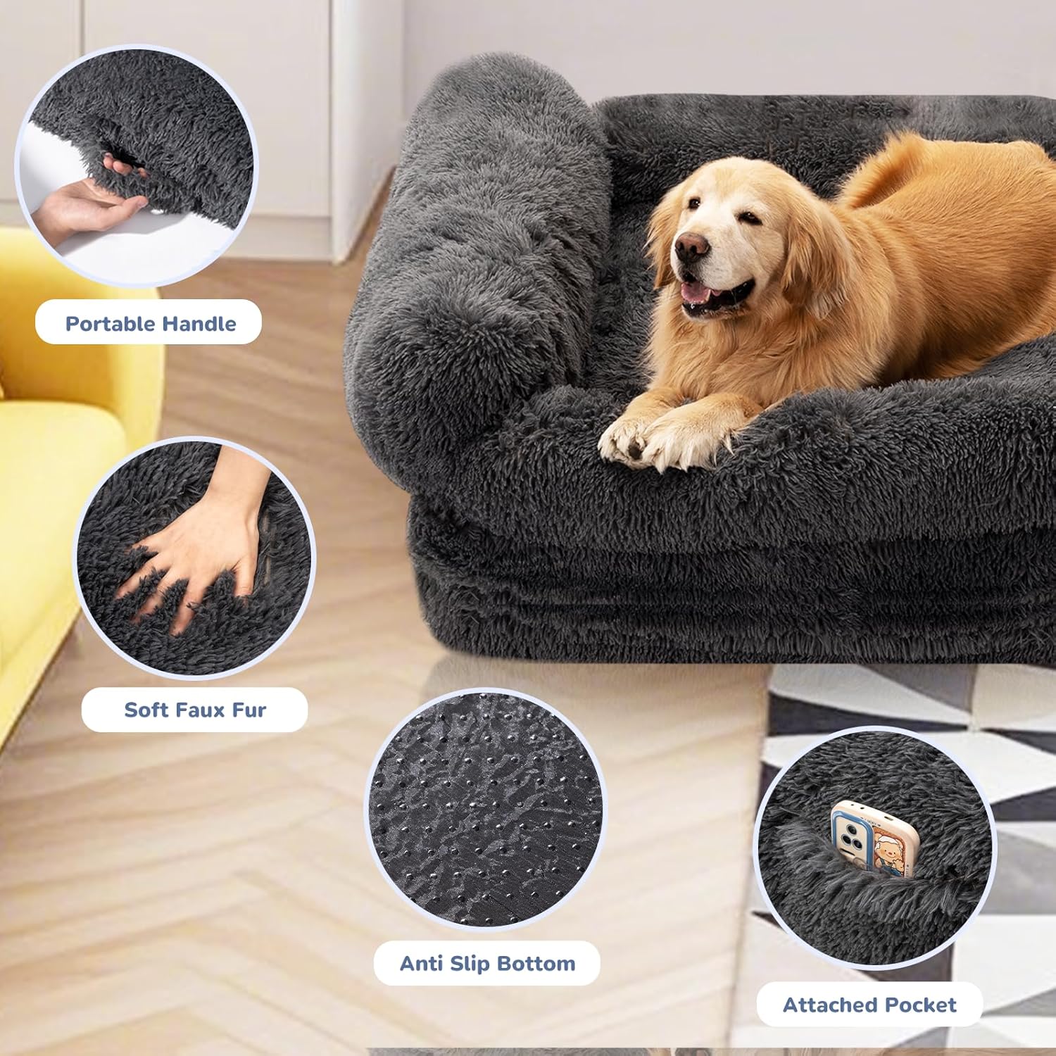 57" Foldable Human Dog Bed for Kids, Fluffy Faux Fur, Orthopedic Washable Dog Bed with Memory Foam and Water Repellent Liner Thick for Pet Installation Free (Grey)