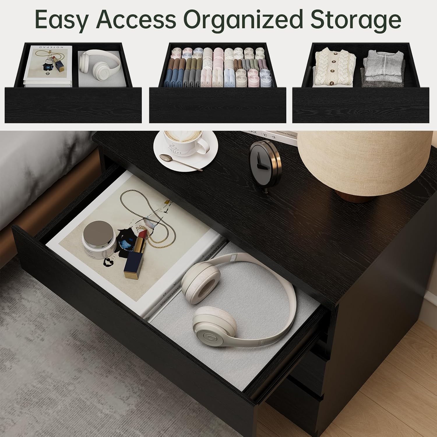 Black Wood Dresser for Bedroom, 3-Drawer Dresser for Clothes Storage, Modern Dressers with Wide Drawers, Wide Wooden Chest Drawers for Living Room, Entryway, TV Stand