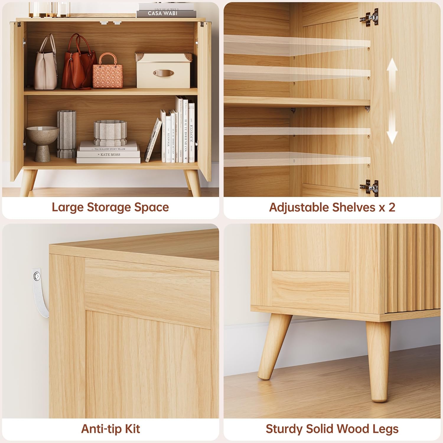 Fluted Sideboard Buffet Cabinet with Storage, Modern Sideboard Cabinet for Dining Room, Accent Credenza with Adjustable Shelves 2 Doors Storage Cabinets for Living Room|Kitchen, Natural