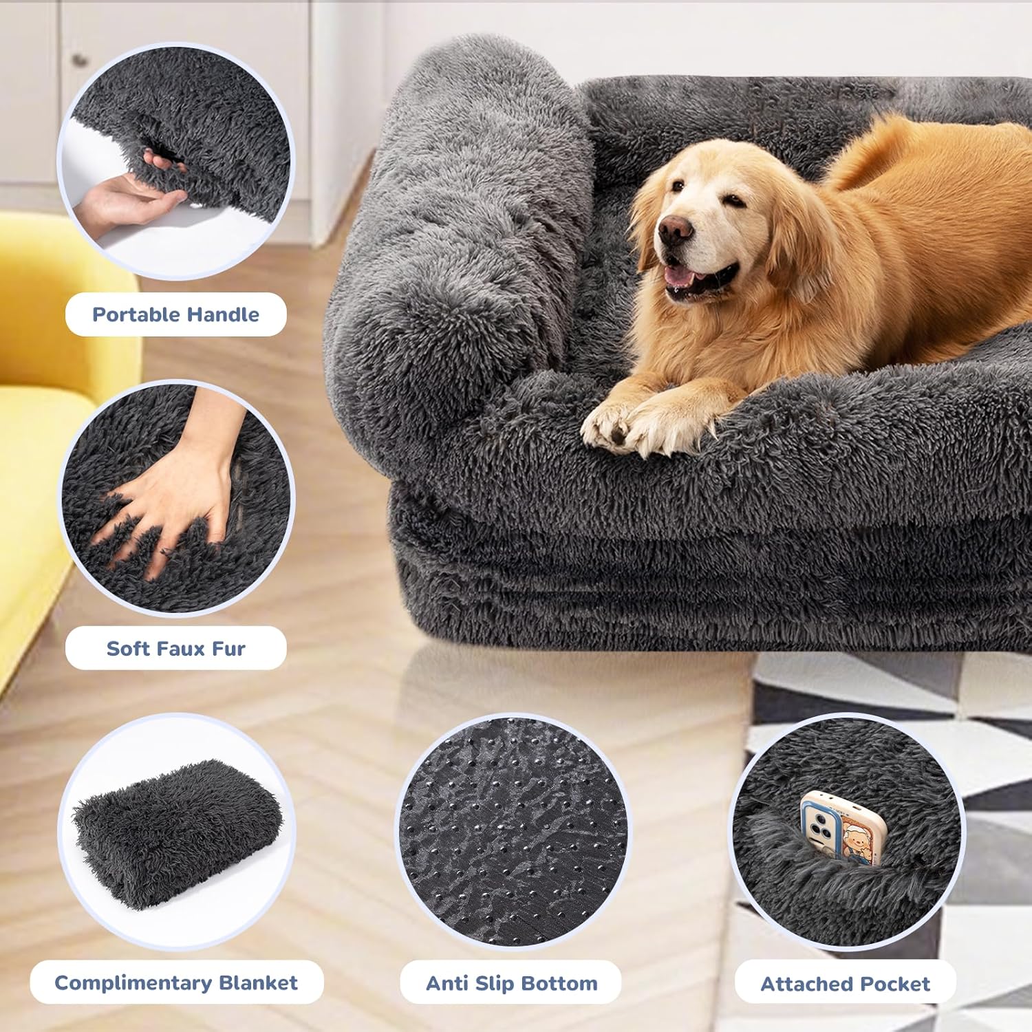 72" Foldable Human Dog Bed for Adults, Fluffy Faux Fur with Blanket, Orthopedic Washable Dog Bed with Memory Foam and Water Repellent Liner Extra Large Thick for Pet (Grey)