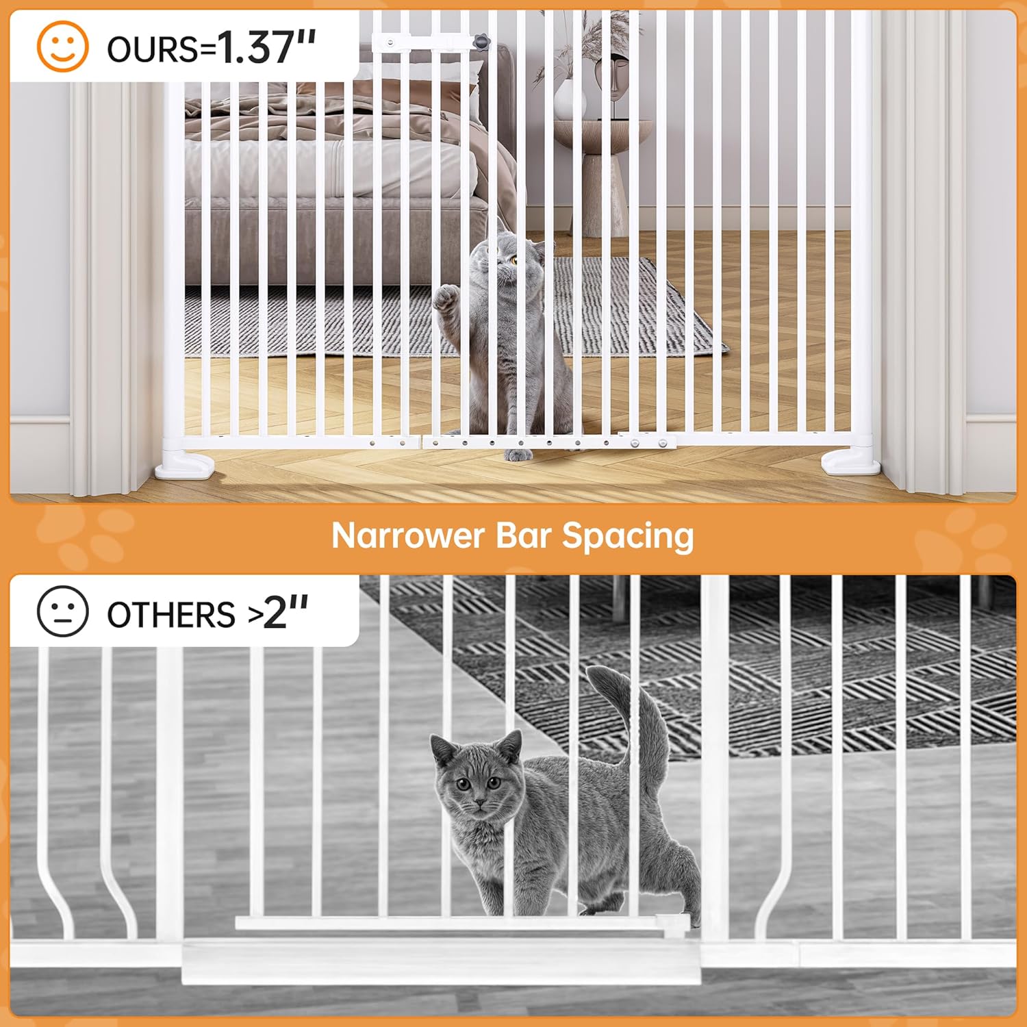 71'' Extra Tall Pet Gate, 31.5-43.3'' Extra Wide Cat Gate for Doorway, No Drilling, 1.37'' Extra Narrow Gap, Double Opening & Easy Lock, Cat Proof Gate Full Door