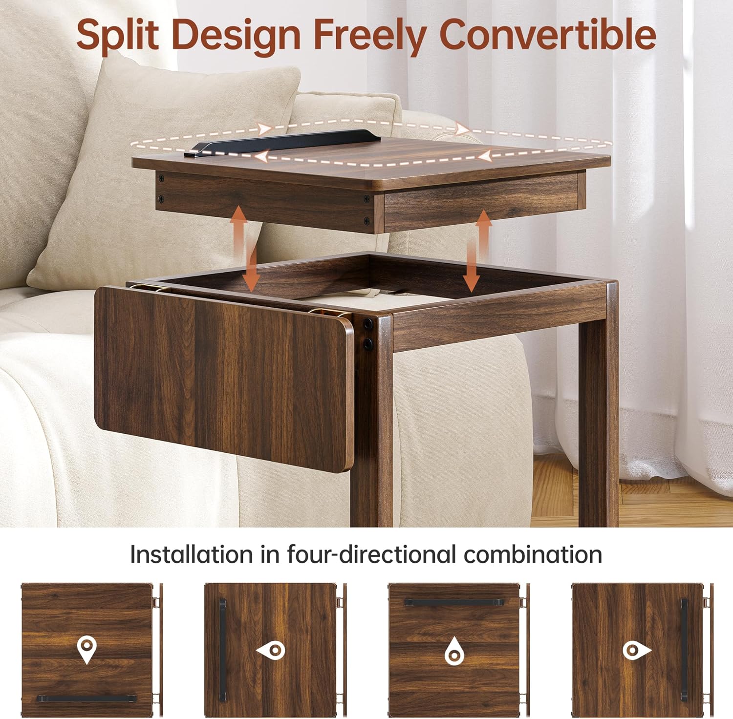 C Shaped End Table, Rolling Side Table with 4-Way Convertible Desktop, Wooden C Table with Multi-Functional Folding Tray & Small Chair, Side Table for Couch, Living Room, Bedroom, Walnut
