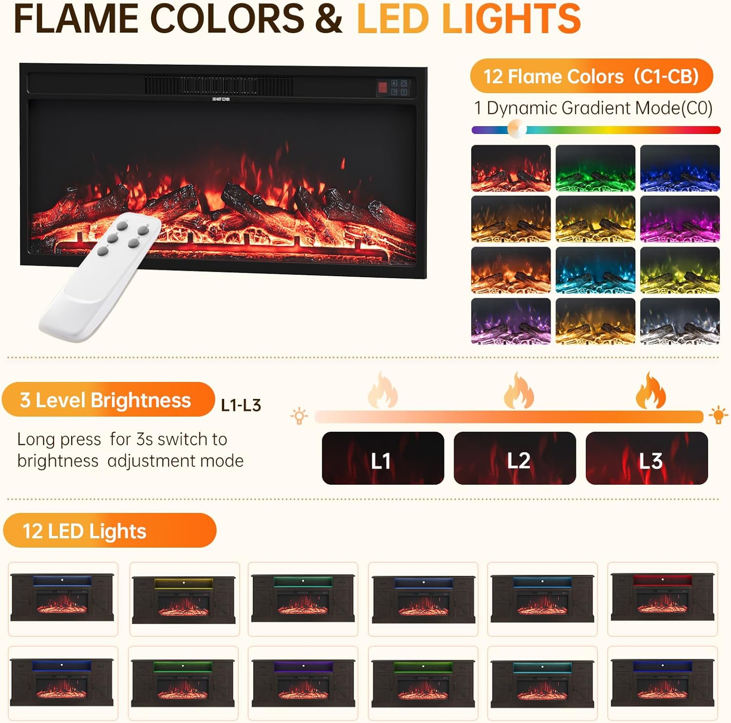 70 inch Fireplace TV Stand for Living Room, Electric Fireplace TV Stand with 12 Colors of 3D Flame & Heating, Entertainment Center with Storage Cabinet (Brown, Farmhouse)