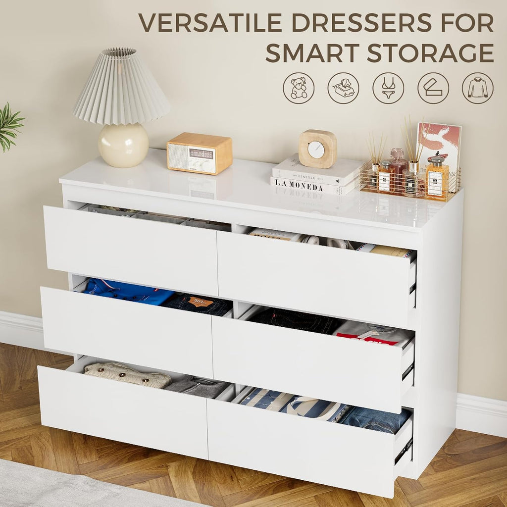 White Wood Dresser, 6 Drawer Dressers for Clothes Storage for Bedroom, Modern Dresser with Wide Drawers, Wide Wooden Chest Drawers for Living Room, Entryway, TV Stand(47" W x15.4 Dx32.3 H)