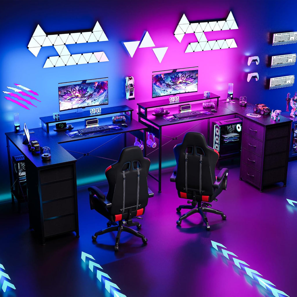 L Shaped Gaming Desk with 4 Drawers, 51" Reversible Computer Desk with Monitor Stand, Home Office Table with USB Port&LED Lights, L Shape Corner Office Desk with Open Shelves&Hooks, Black