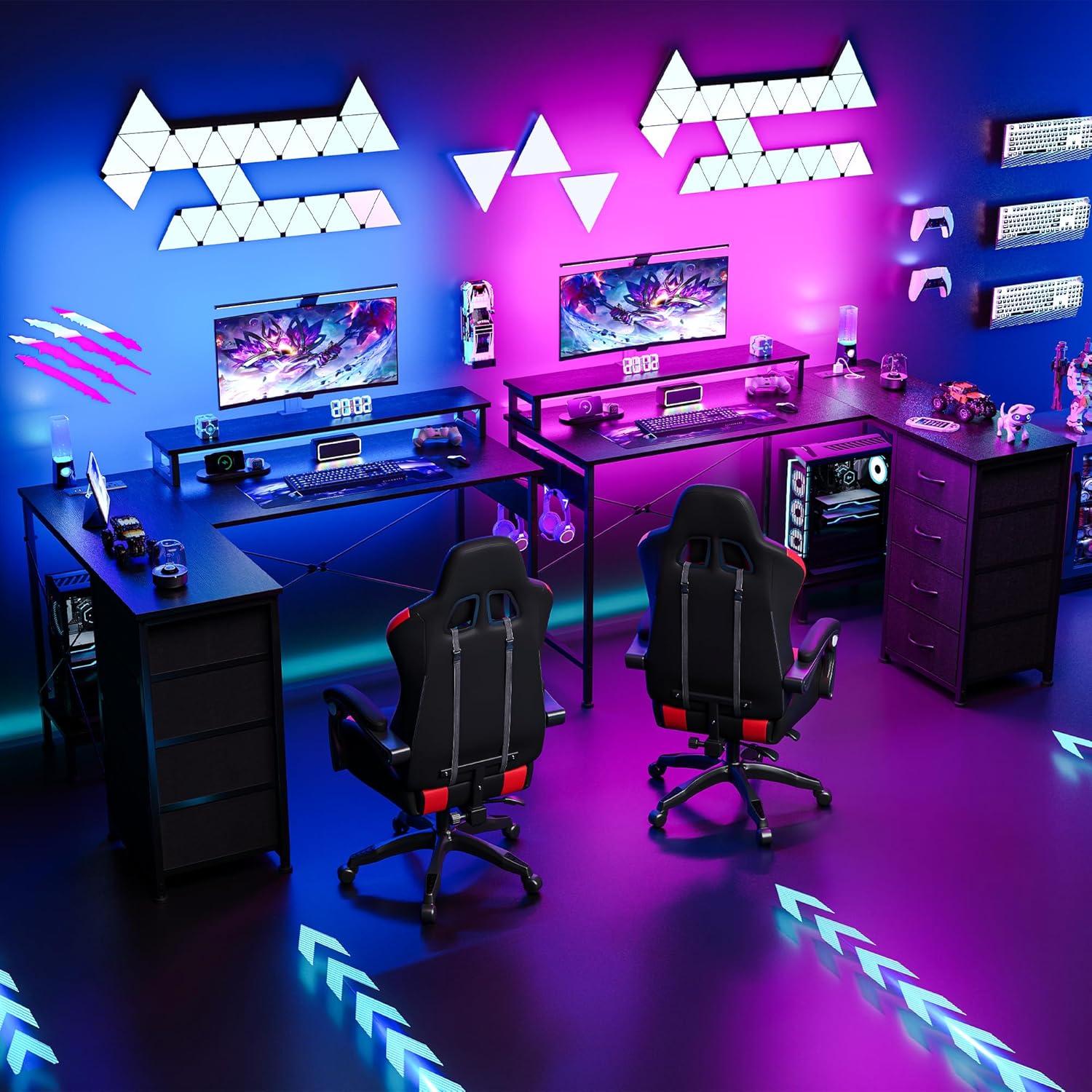 L Shaped Gaming Desk with 4 Drawers, 51" Reversible Computer Desk with Monitor Stand, Home Office Table with USB Port&LED Lights, L Shape Corner Office Desk with Open Shelves&Hooks, Black