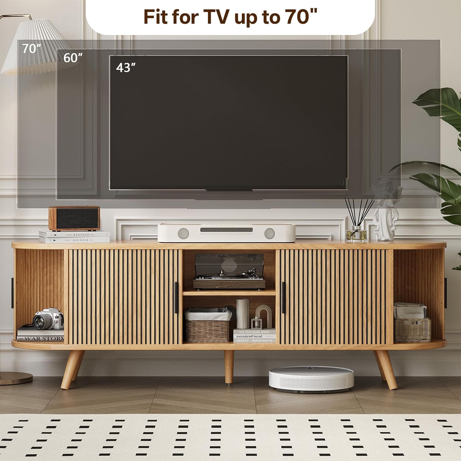 62" Fluted TV Stand, Mid Century Modern TV Stand for TVs up to 70", Entertainment Center with Storage, Sliding Doors, Adjustable Shelf, Wood Media Console for Living Room, Bedroom, Natural