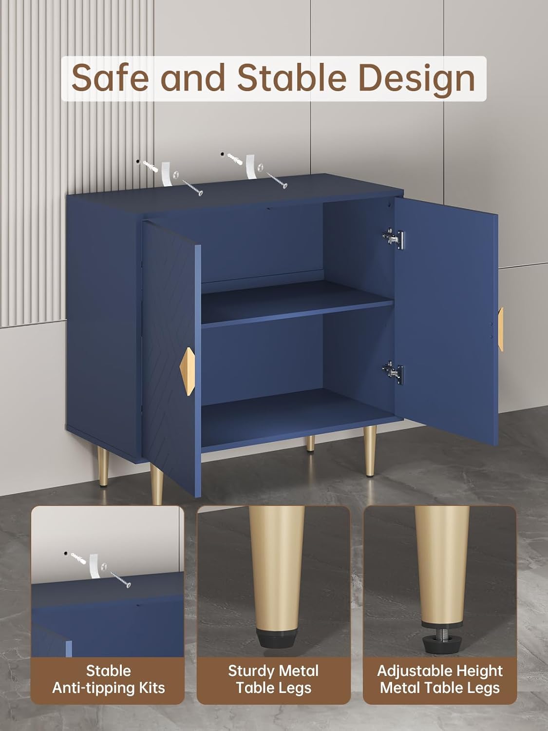 Sideboard Cabinet, 63'' Modern Buffet Cabinet with Storage Set of 2, Credenza with 4 Doors and Adjustable Shelves, Sideboard for Living Room, Kitchen and Entryway, Blue