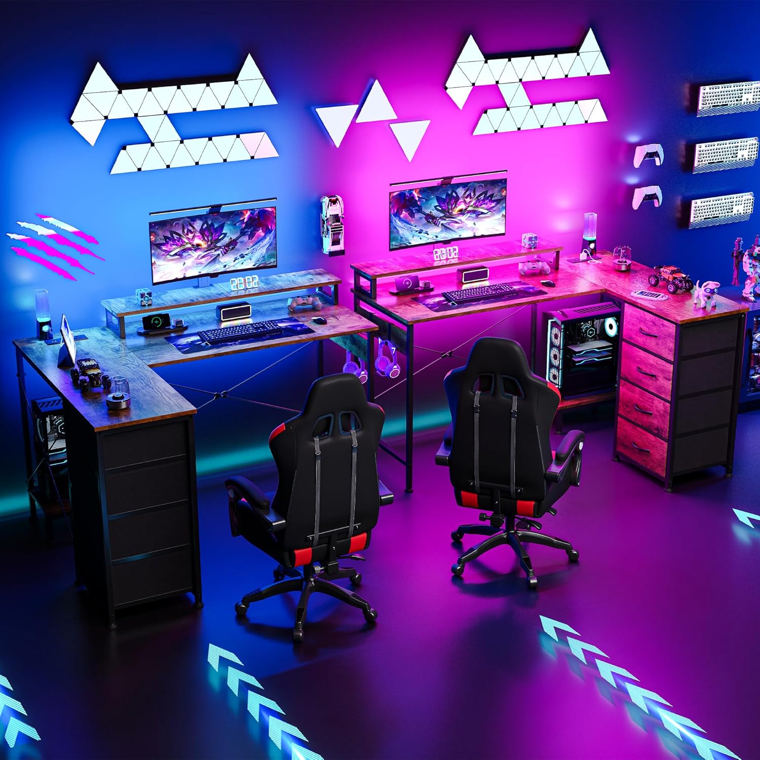 L Shaped Gaming Desk with 4 Drawers, 51" Reversible Computer Desk with Monitor Stand, Home Office Table with USB Port&LED Lights, L Shape Corner Desk with Open Shelves&Hooks, Rustic Brown