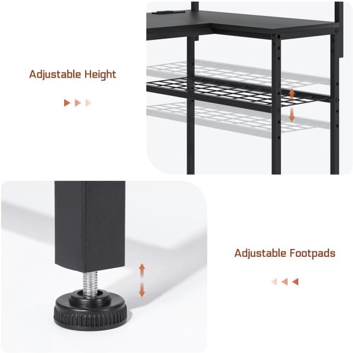 L Shaped Gaming Desk, Reversible Computer Desk with 4-Tier Shelves, Corner Desk with Pegboard, Home Office Desk with LED Lights & Power Outlets Gaming Desk with Storage, Black