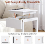 C Shaped End Table, Rolling Side Table with 4-Way Convertible Desktop, Wooden C Table with Multi-functional Folding Tray & Lockable Wheels, Side Table for Couch, Living Room, Bedroom, White
