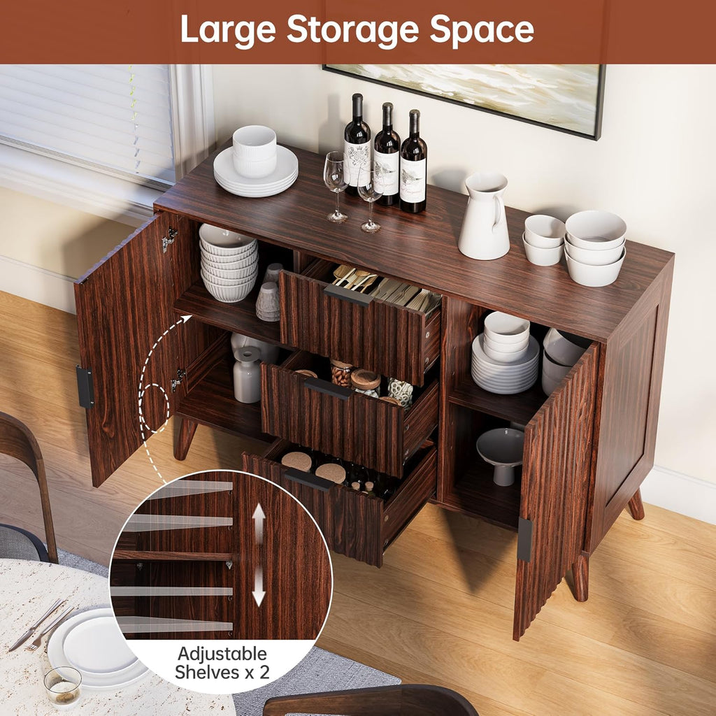 47" Walnut Sideboard Buffet Cabinet with 3 Drawers, Fluted Modern Buffet Cabinet with Storage, 2 Doors Sideboard Cabinets Accent Credenza for Dining Room|Living Room|Entryway